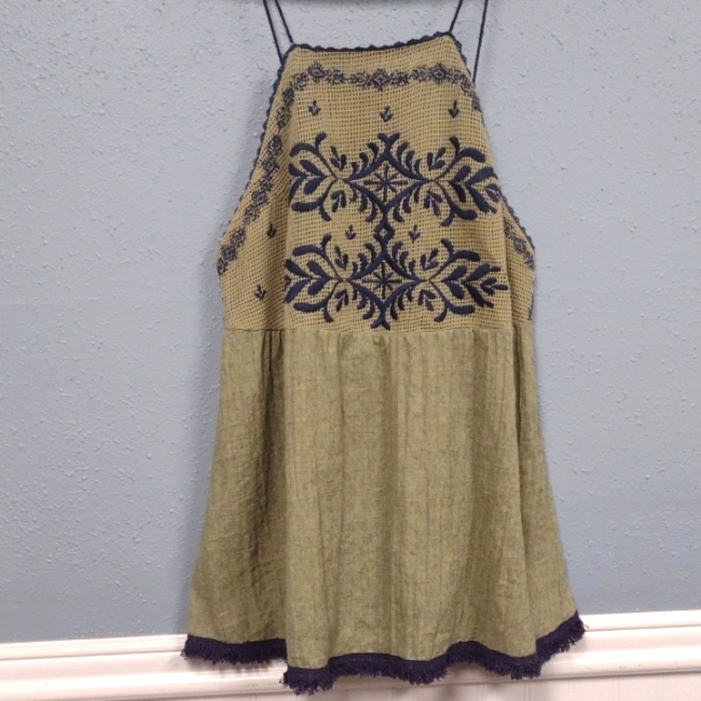 Green Matcha and Blue, Boho, Sleeveless Halter Sundress Top Y2K